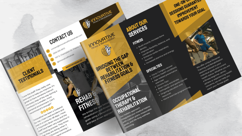 bold branding and marketing brochures for innovative fitness & rehabilitation by Unfold Creative House